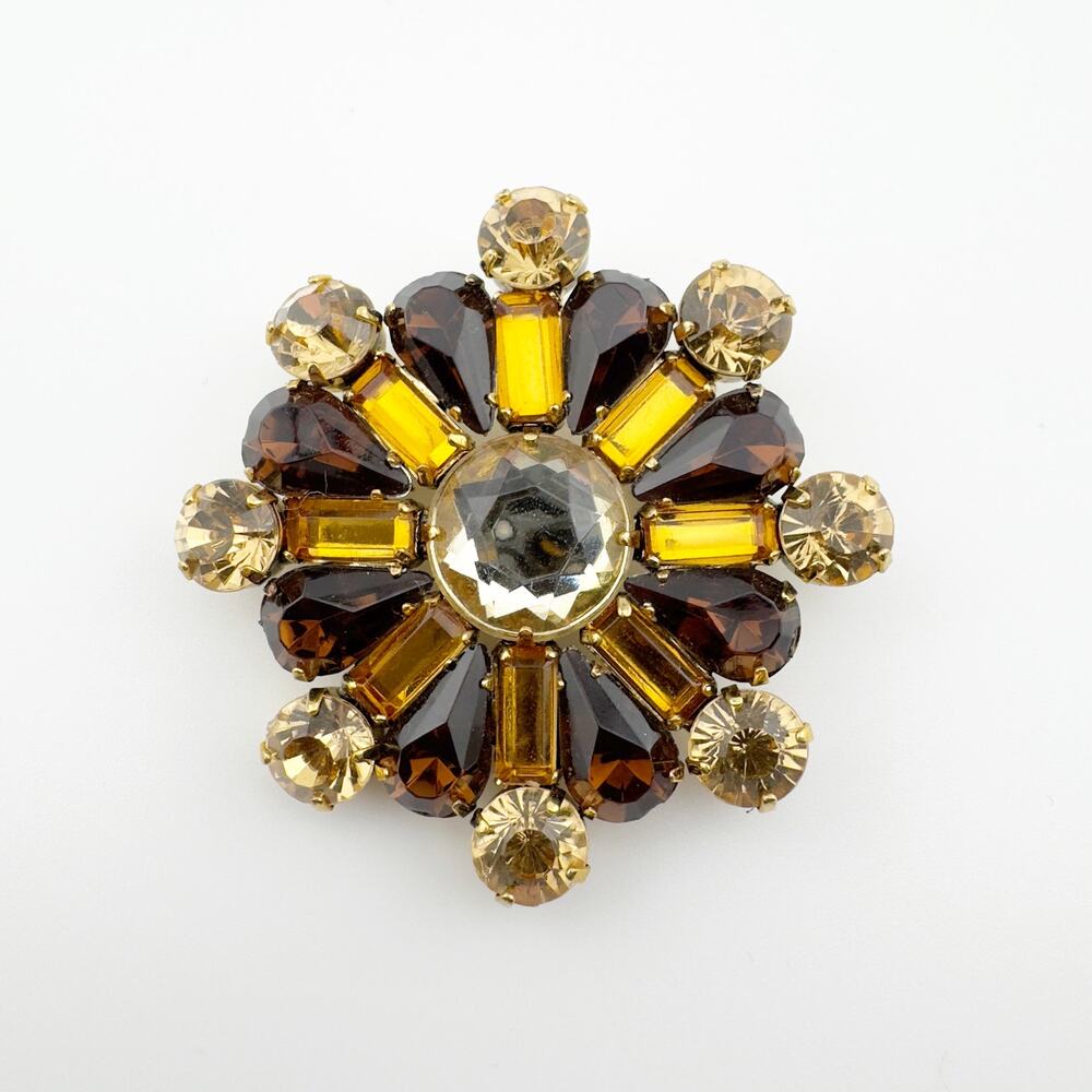 Vintage Brooch Pin Sunburst Amber Yellow Glass Stones Gold Tone‎ Jewelry - Picture 4 of 7
